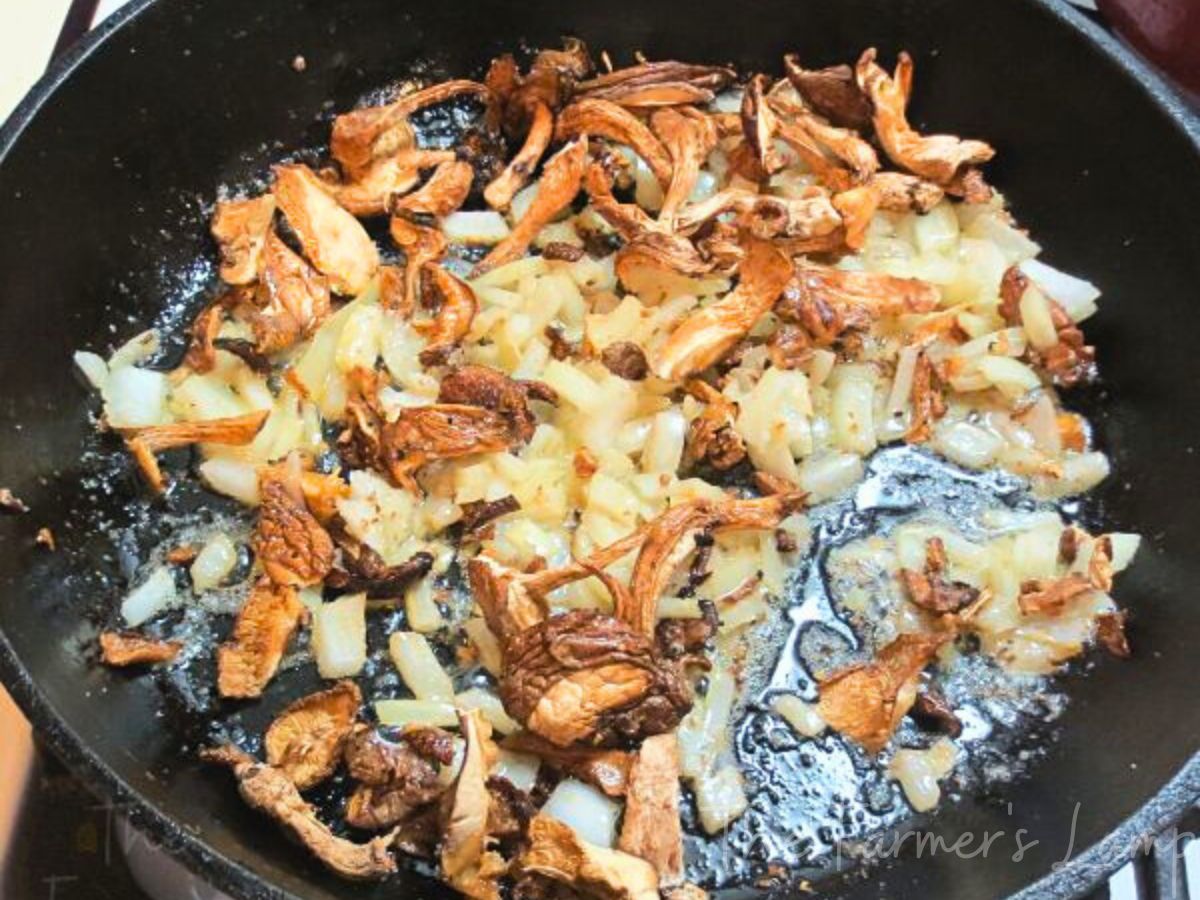 mushrooms and onions cooking in my castiron skillet preparing cream of mushroom soup
