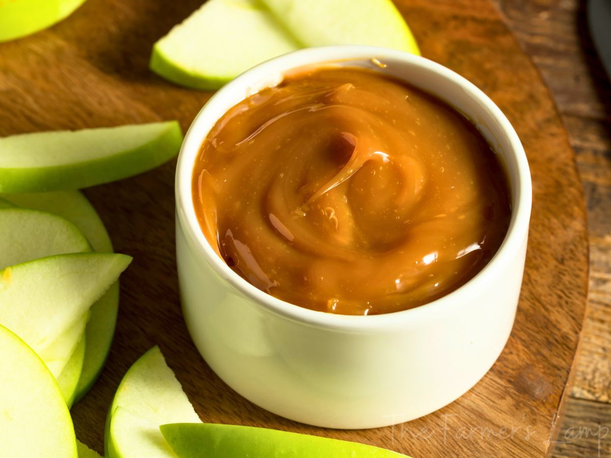 make caramel from sweetened condensed milk  with caramel in a white bowl with green apple slices around it