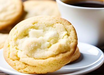 old fashioned sugar cookies on a white plate with a white cup in the background filled with coffee