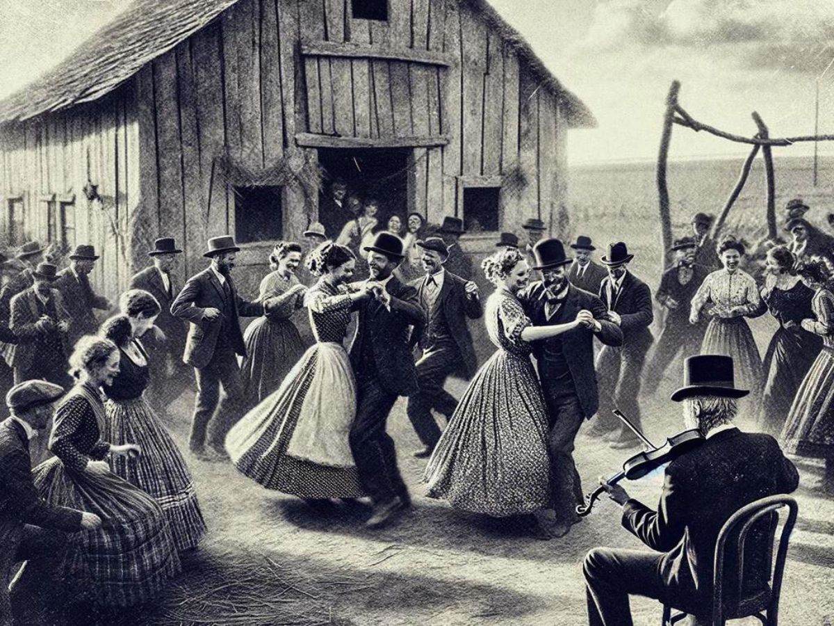 vintage hoto of people dancing while a fiddler plays his fiddle