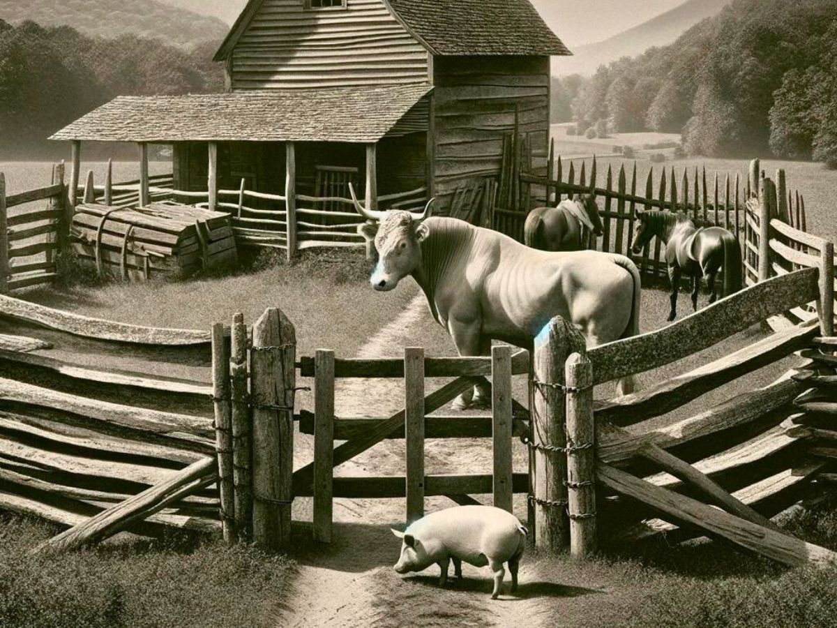 a pig a bull and two horses standing at a fence in a black and white photo a barn is in the background