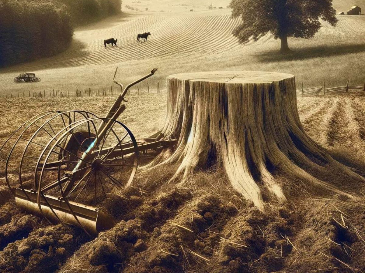 a large old stump with a hand plow beside it to represent one of the old sayings in this post life is easier when you plow around the stump