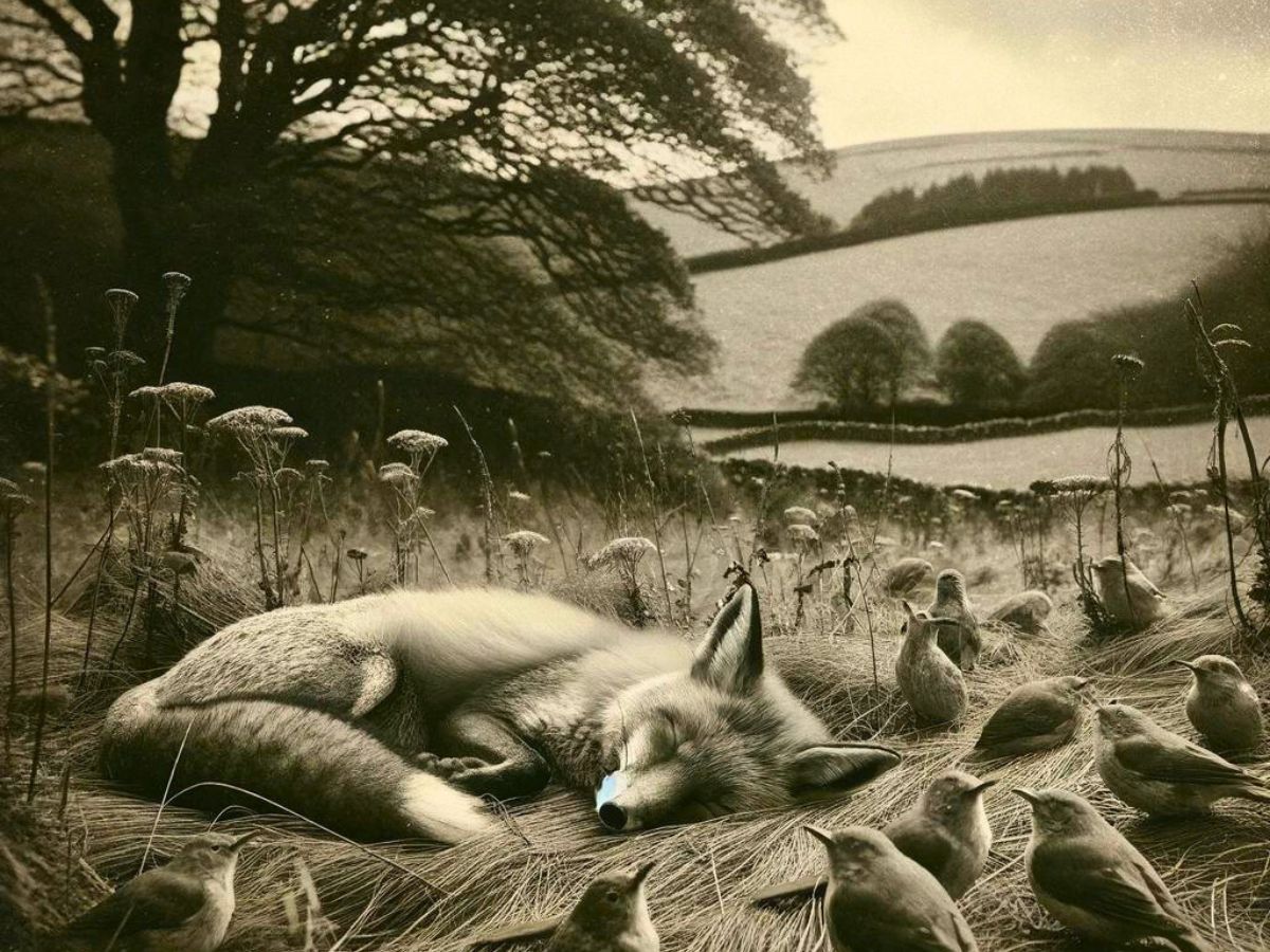 black and white photo of a fox sleeping in a field with birds all around him