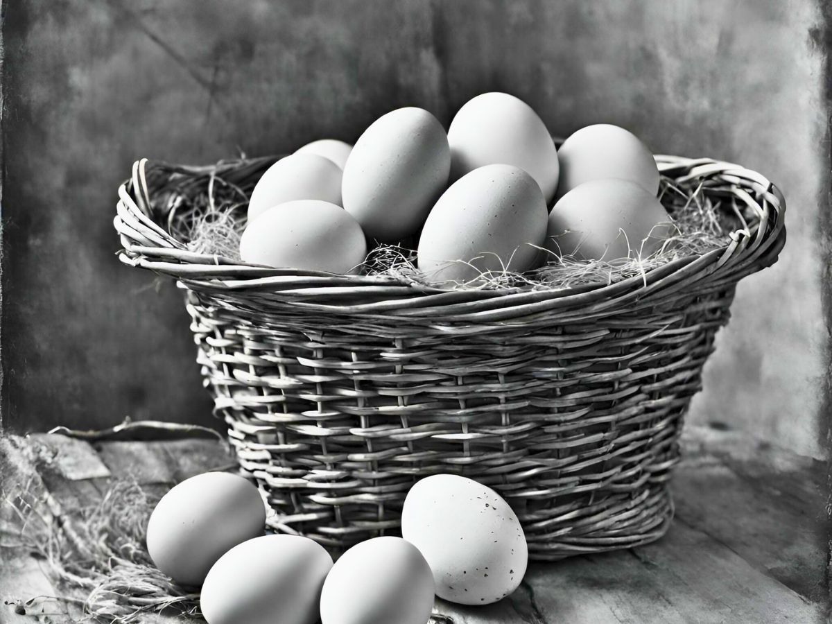 vintage photo of basket full of eggs and four eggs lying on the table in front of it