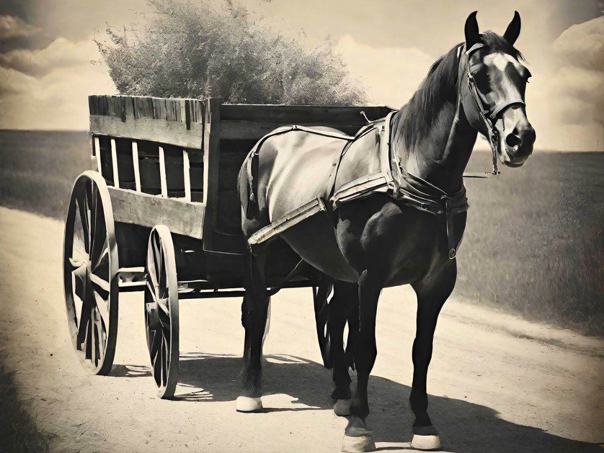 vintage photo of a horse pulling a cart on a dirt road