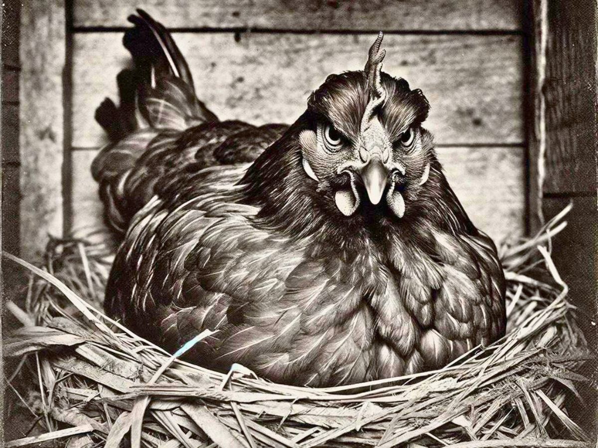 black and white photo of a hen looking seriously at the camera