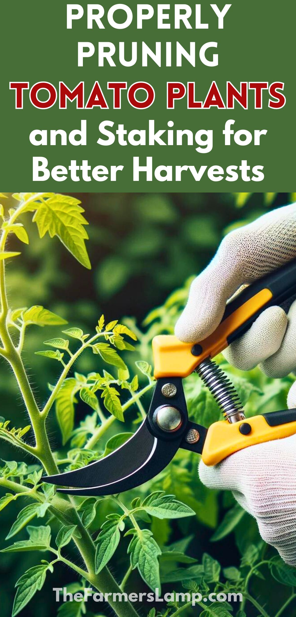 womans hand wearing garden gloves holding gardening shears near a tomato plant with words written that read properly pruning tomato plants and staking them for better harvest the farmers lamp dot com