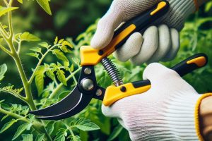 womans hand with pruning shears preparing to prune a tomato plant