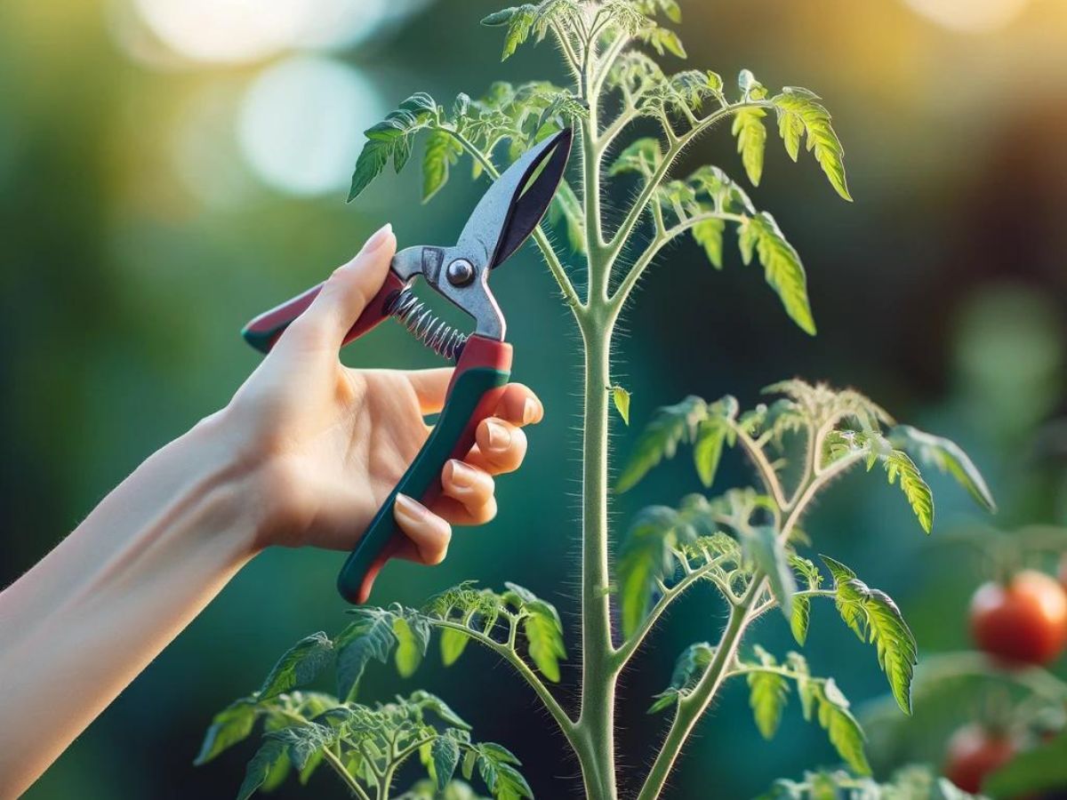 womans hand showing her gardening shears as she prepares to prune a tomato plant
