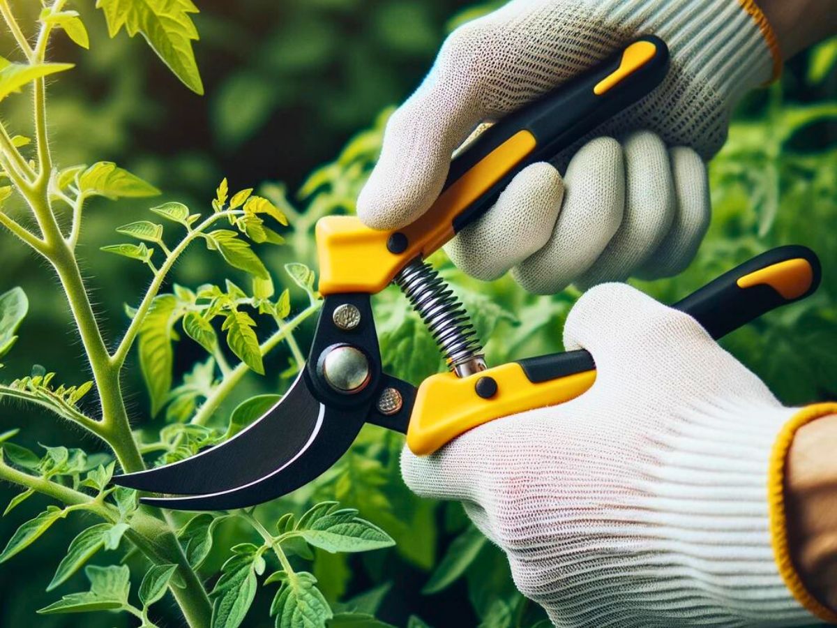 womans hand wearing a gardening glove holding gardening shears about to prune a tomato plant