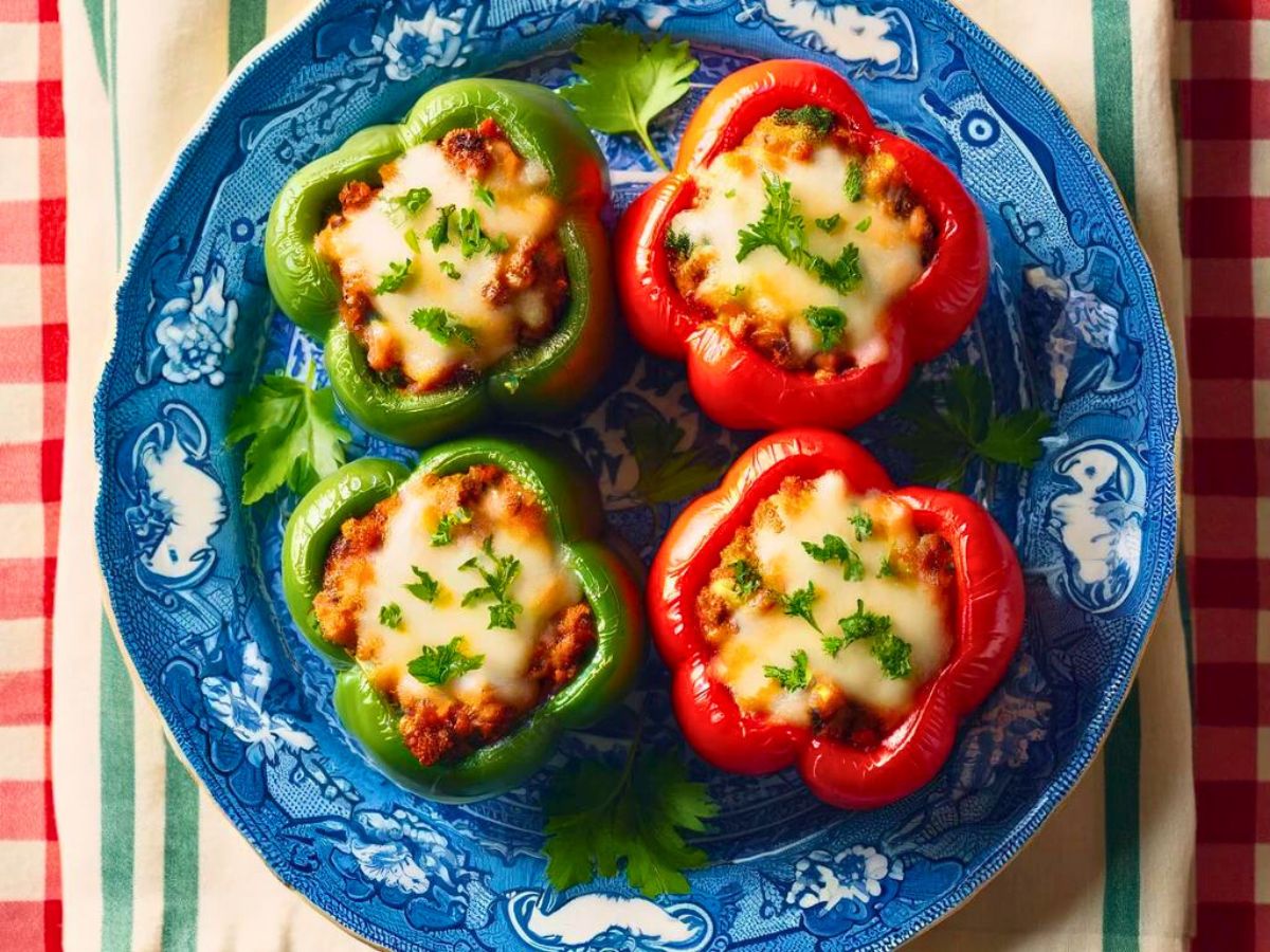 two red and two green sutffed bell peppers on a blue and white plate sitting on a red gingham tablecloth